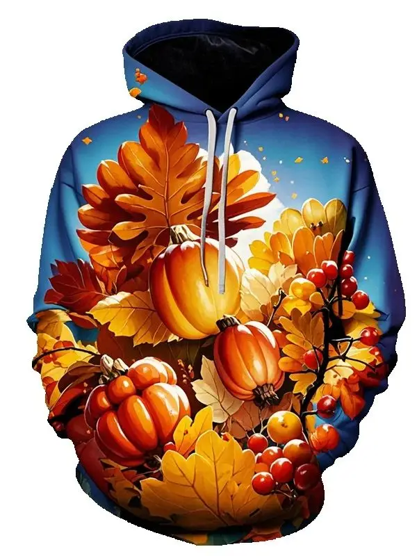 Felpa con cappuccio per il Giorno del Ringraziamento stampata in 3D per uomo Felpa con motivo zucca Happy Turkey Day Autunno Street Tops Pullover a maniche lunghe