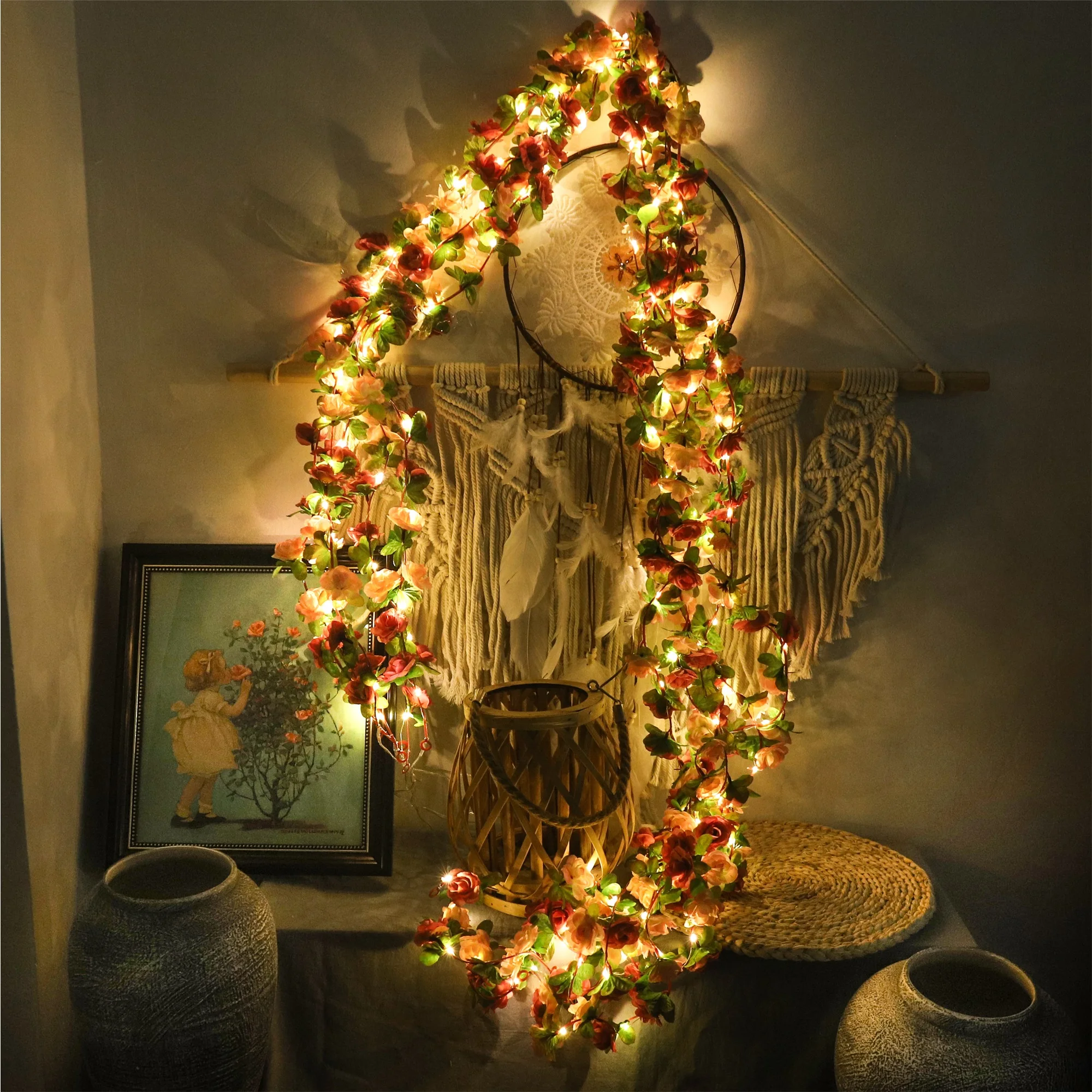 250 cm Rosenrebe mit LED-Leuchten, künstliche Blumen, Hochzeit, Zuhause, Raumdekoration, Frühling, Herbst, Gartenbogen, Weihnachten, Rattanrebe – Detail 6