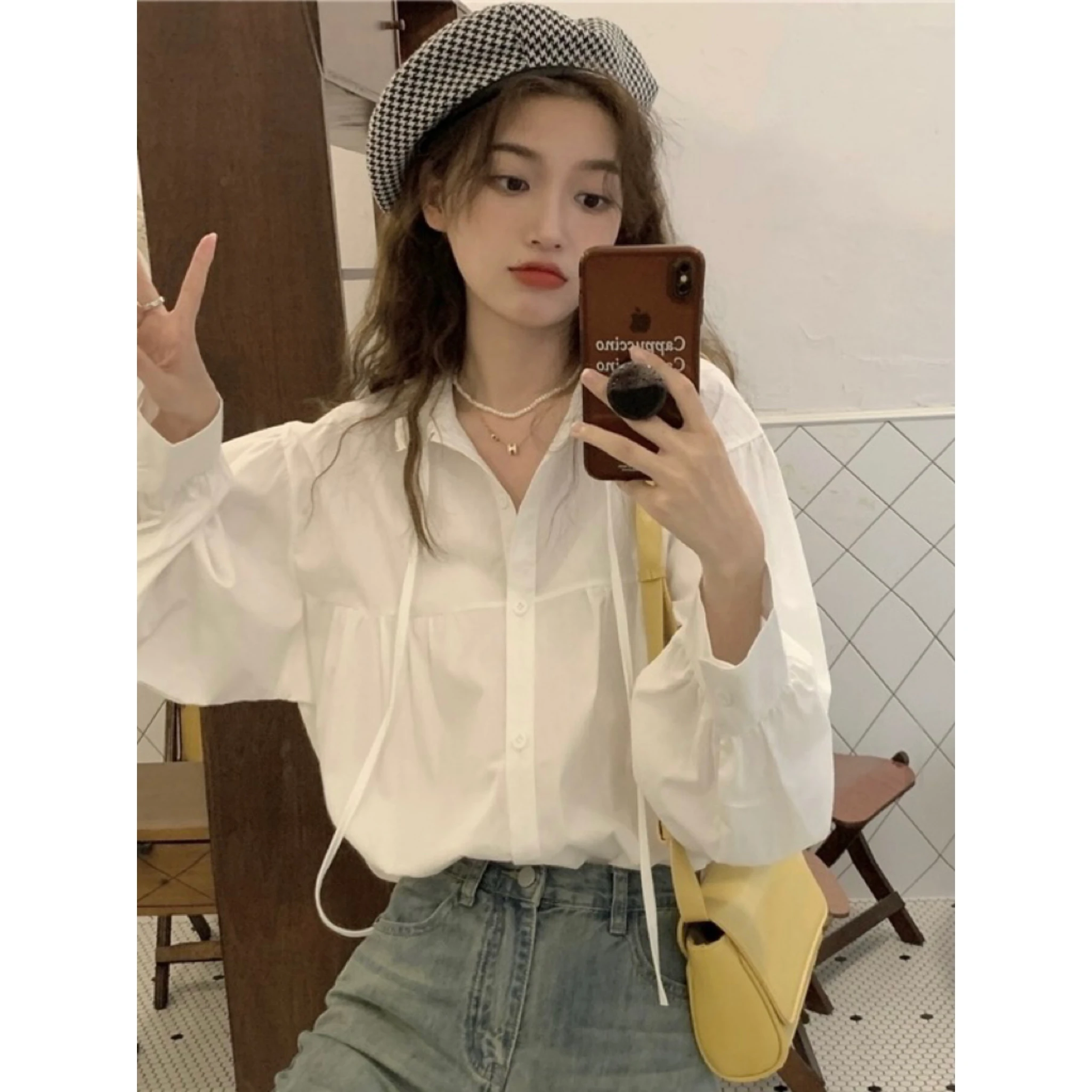 

Korean Chic Vintage Color Women's irt with Wood ain Ruffle Collar Tie Design Versatile Gentle Spring Faion