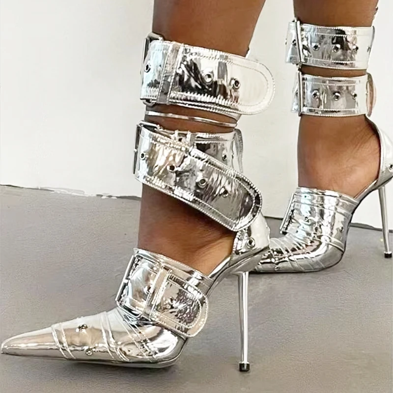 

Multiple Belt Buckle Strap Metal Stiletto Heels Long Boots Stretch Fabric Pointed Toe Zipper Thigh High Boots Blue Beige