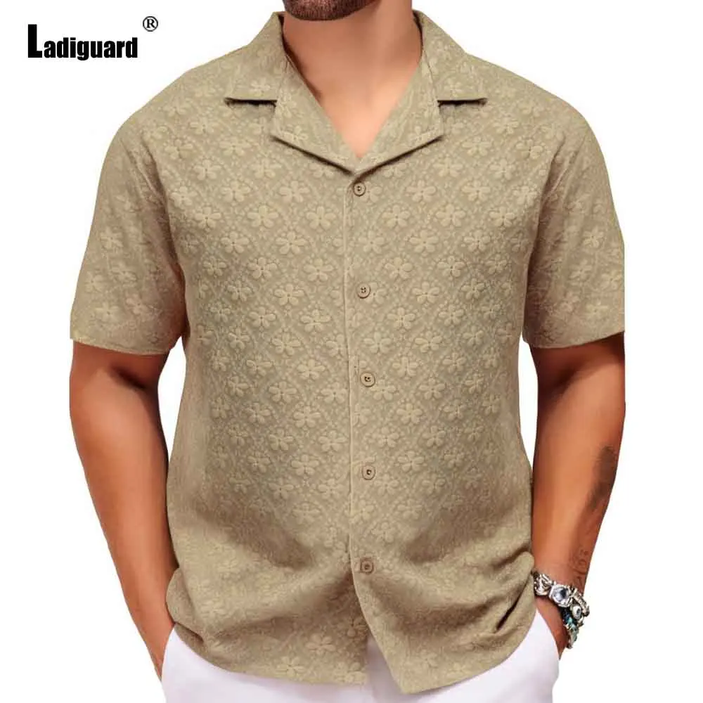 Men Short Sleeve Flower Shirts Clothing 2025 Europe Fashion Notched Tops Solid Basic Knitwear Mens Casual Open Stitch Blouse New