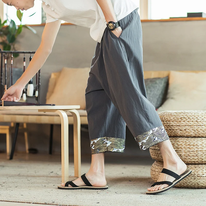 

Chinese style Men Cotton Linen Harem Pants Men Summer Breathable Linen Cropped Pants Men Casual Elastic Waist Fitness Pants
