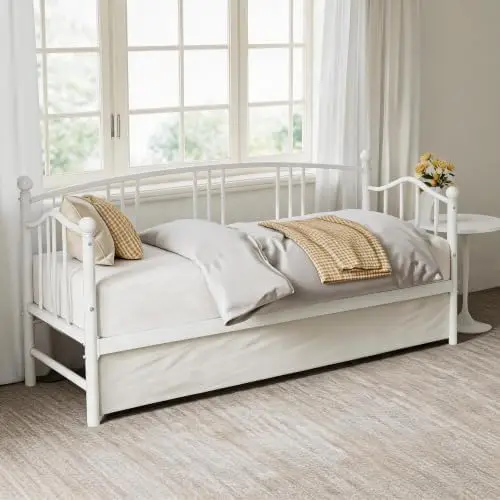 Twin Daybed with Trundle, Metal Twin Size Sofa Bed Frame with Pull-Out Trundle, 6 Casters and Steel Slat Support for