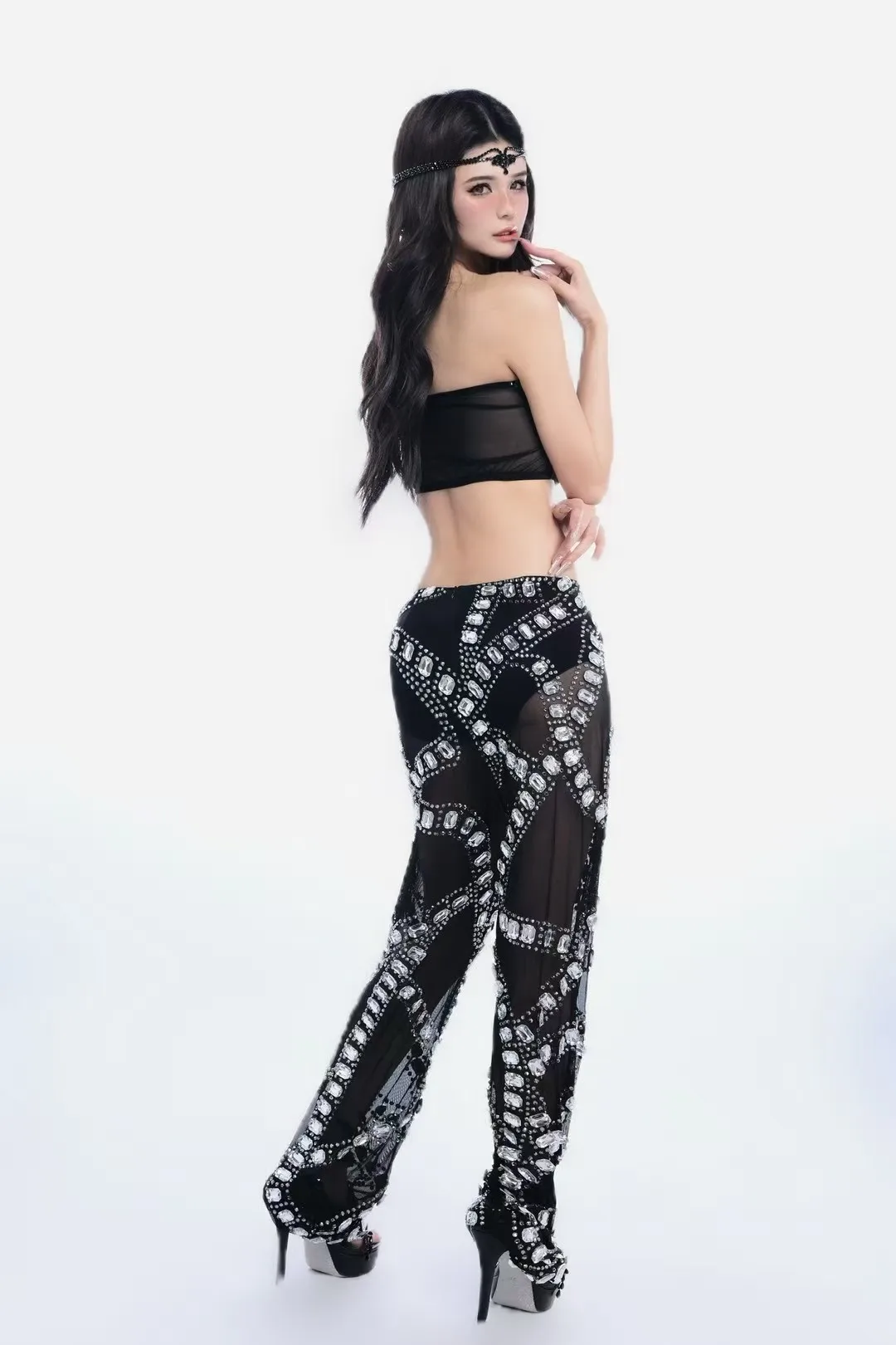 팬텀 메쉬 타이트 Aexy Ahiny 라인스톤 StraplessTop 스플릿 바지 나이트 클럽 바 파티 PerformanceCostumes A716