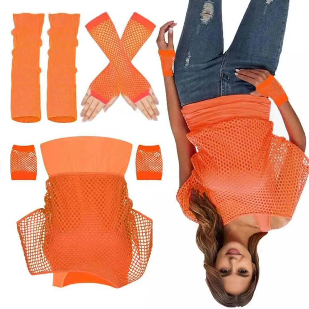 

Women 80s 90s Neon Party Outfit Sexy Fishnet One Shoulder T-Shirt Gloves Cuffs Leg Warmers for Theme Party Carnival Fancy Dress