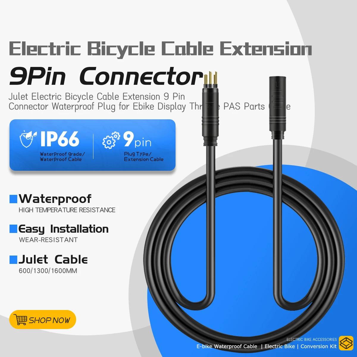 

9 Pin Julet Electric Bike Wheel Hub Motor Cable 60/130/160cm Waterproof Port E-bike Motor Extension Cable For E-Bike Accessories