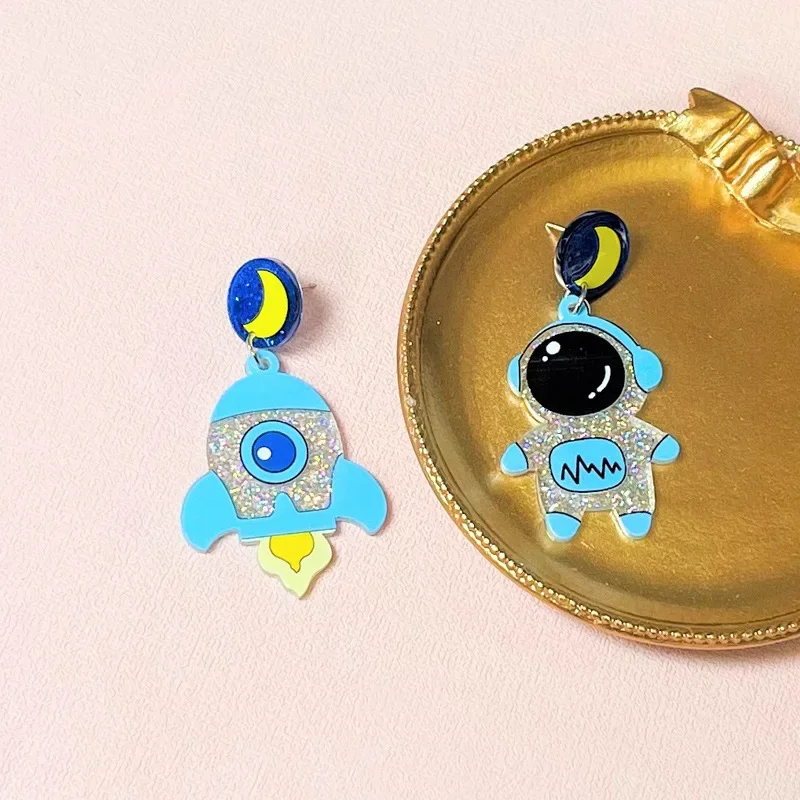 Japan Korean Style Spring New Sequin Rocket Astronaut Acrylic Earrings for Women Kawayi Fashion Sweet Funny Female Accessories