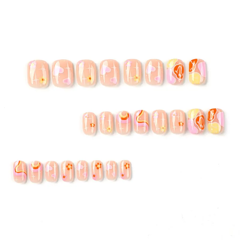 24pcs/box Wearable three-color spliced ​​manicure with wavy lines and smiley face nails, pink heart, white starry fake nails