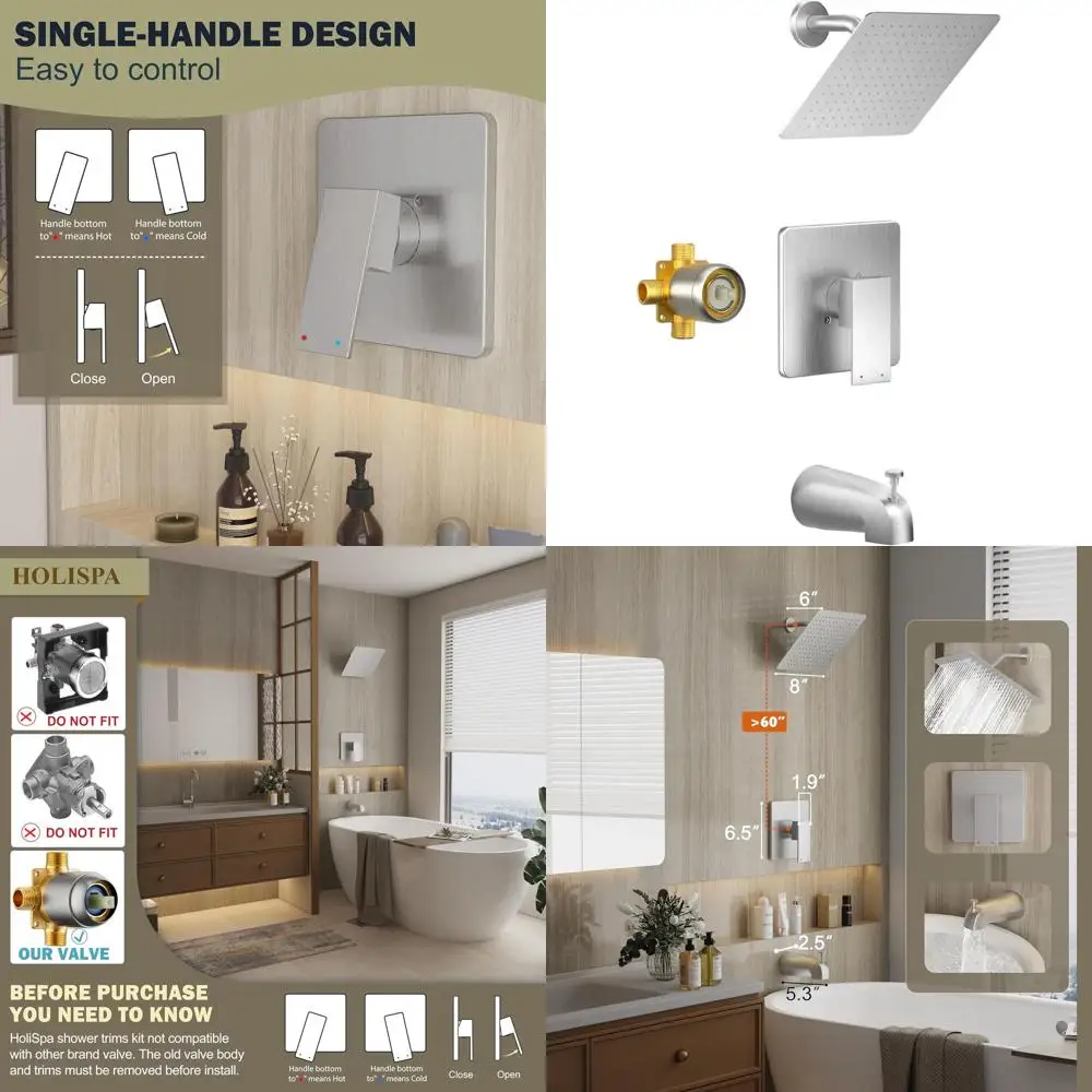 All-Metal 8 Rainfall Shower Head Set with Brushed Nickel Tub Spout and Single Handle Trim Kit