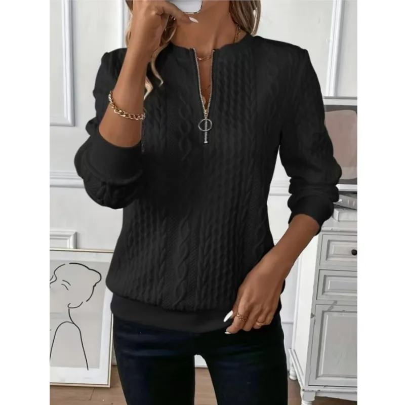 Women's Zipper Half Open Collar Pullover Spring Autumn Fashionable Casual O-neck Long Sleeve Loose Solid Color Streetwear Top