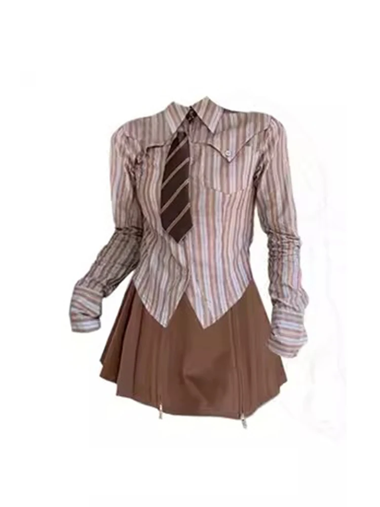 

Japanese Fashion Fashion Outfits 2 Piece Skirt Set Sweet Striped Blouses + Gyaru Classical Zipper Pleated Skirt Punk New Design