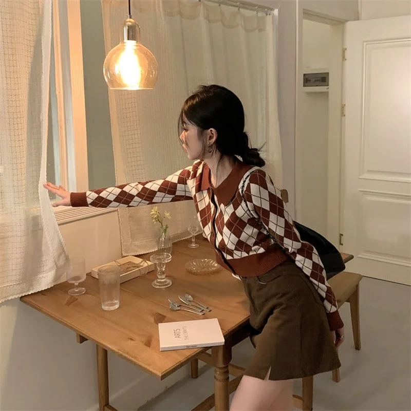 

Cardigan Women Knitted Sweater Temperament Autumn Long Sleeve Casual Female Slim Single Breasted Argyle Design Artistic Fashion