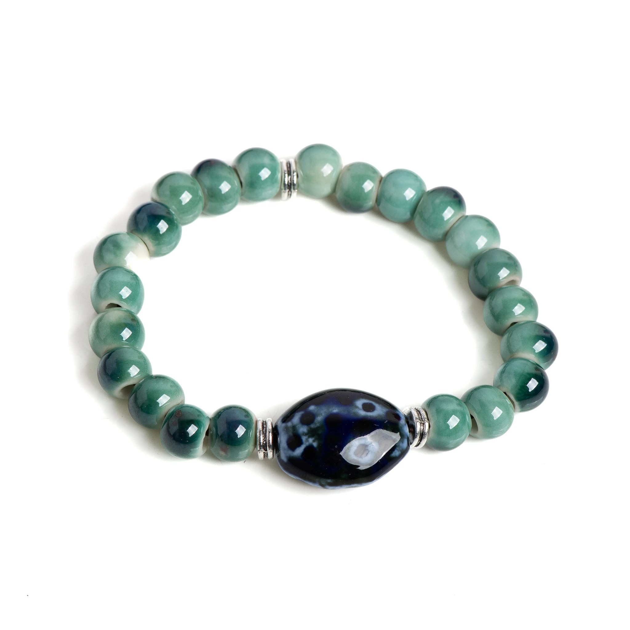 Green Ceramic Beaded Bracelet Handmade Stretch Bracelet with Blue Accent Stone Unisex Jewelry Vintage Style