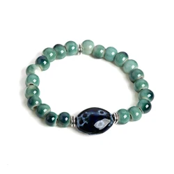 Green Ceramic Beaded Bracelet Handmade Stretch Bracelet with Blue Accent Stone Unisex Jewelry Vintage Style