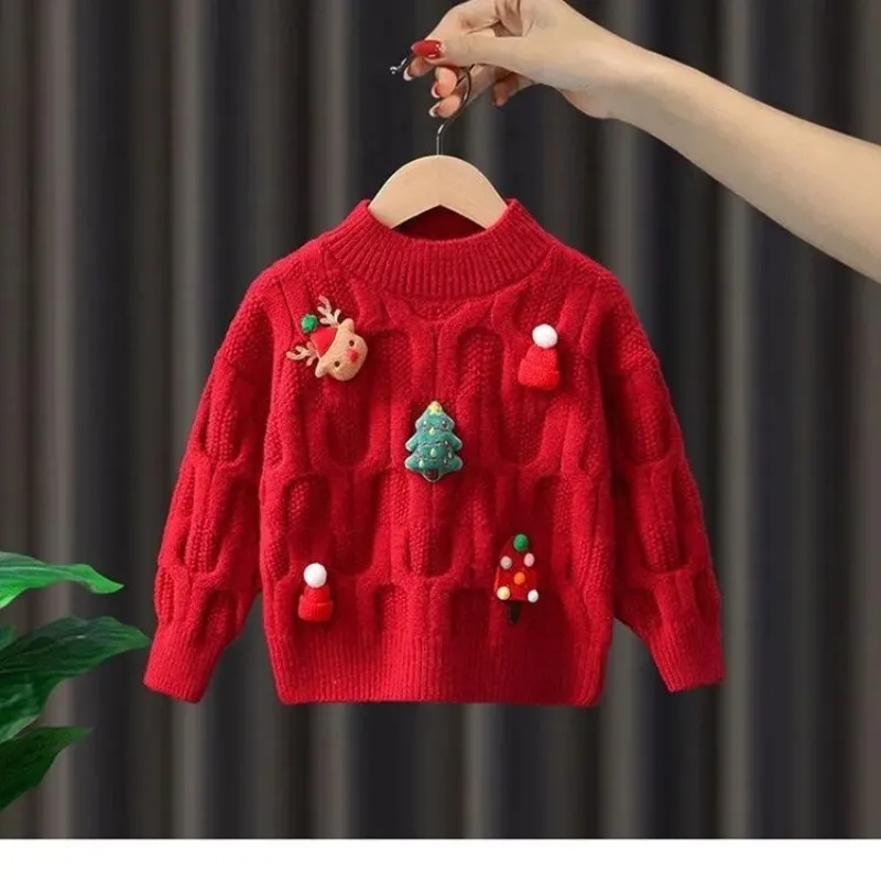 Girls\' Sweater Autumn/Winter 2024 New Latest Children\'s Winter Clothing Baby Red Christmas Knitted Top Bottom Shirt