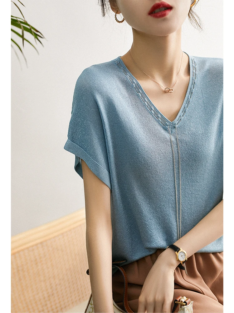 

Xhange Sparkling Knitted Sweater with Bright Threads Four Plain Techniques Bead Tassel V-Neck Short Sleeve Women's Casual Wear