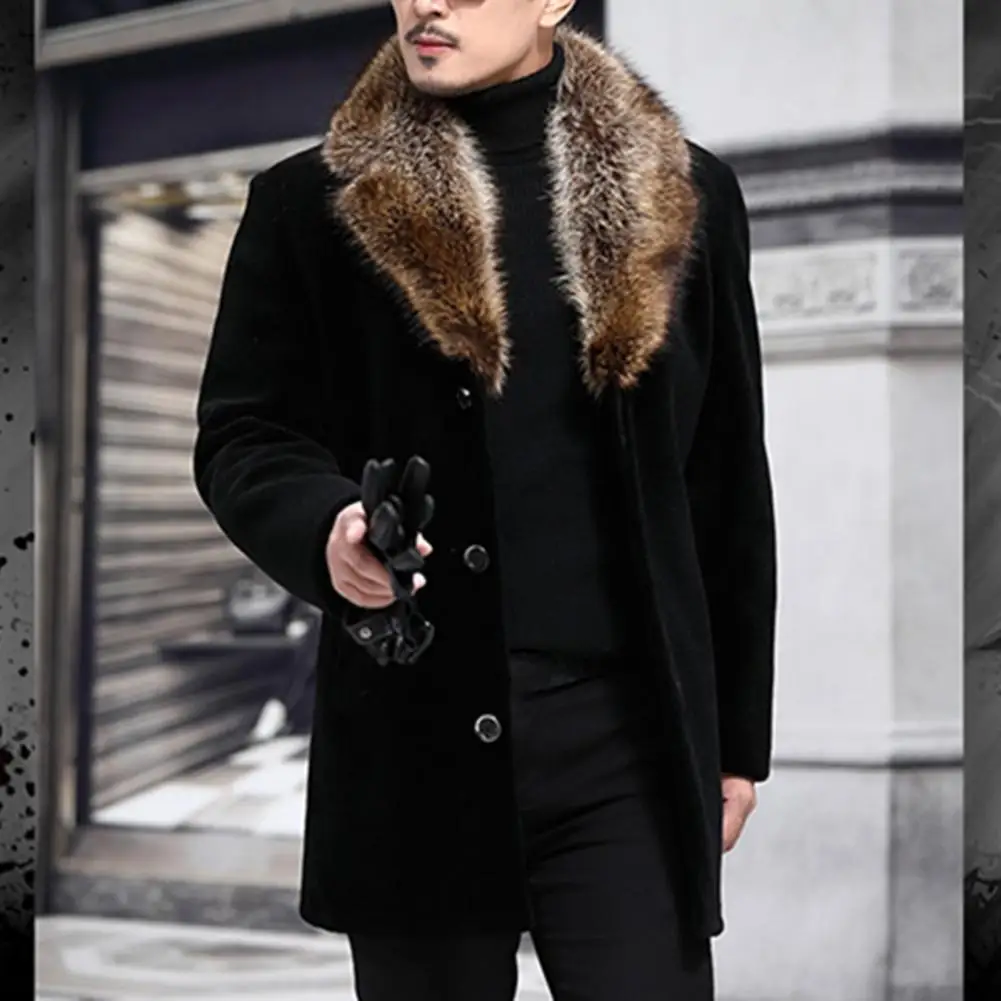 Men Woolen Coat Faux Fur Collar Thick Turn-down Collar Woolen Jacket Men Windbreaker Coldproof Autumn Winter Buttons Windbreaker