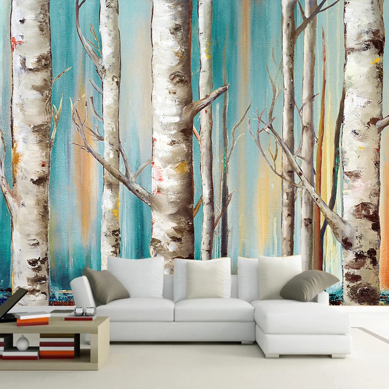 

Custom 3D Mural Wallpaper Modern White Birch Trees Oil Painting TV Sofa Backdrop Wallpaper Living Room Bedroom Wall Covering