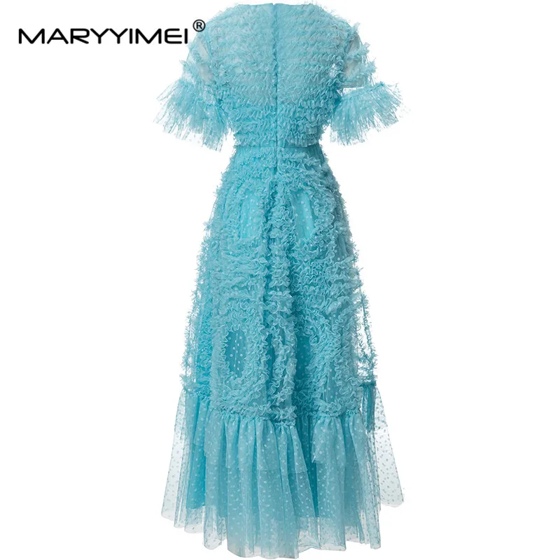 MARYYIMEI 2023 High Street Runway Fashion Designer Dress Women's V-Neck Ruffles Sleeves Cascade Fungus Selvedge Long Dresses