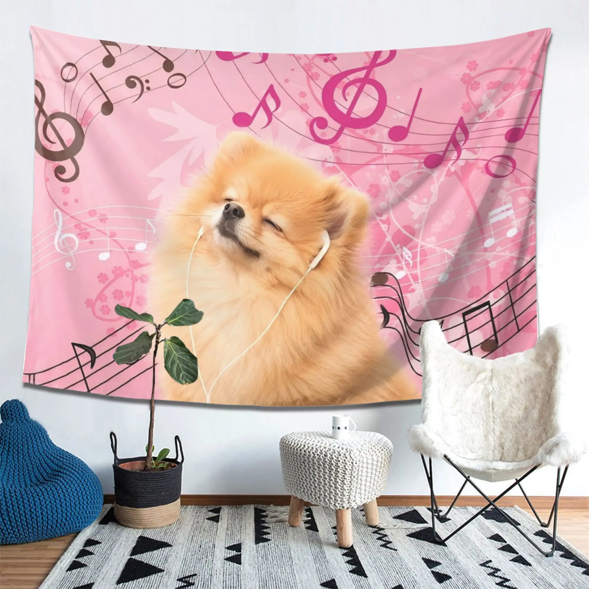 1pc Cute Pomeranian Dog Tapestry Music Notes Pink Background Headphones Puppy Wall Hanging Kawaii Bedroom Decor cool room stuff