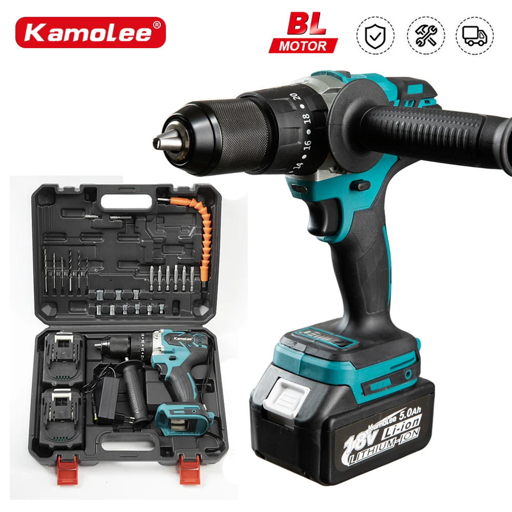 Kamolee 13 mm Brushless Electric Impact Drill Cordless Screwdriver Bateria de Lítio Broca de Mão de Carregamento para Makita 18v Bateria