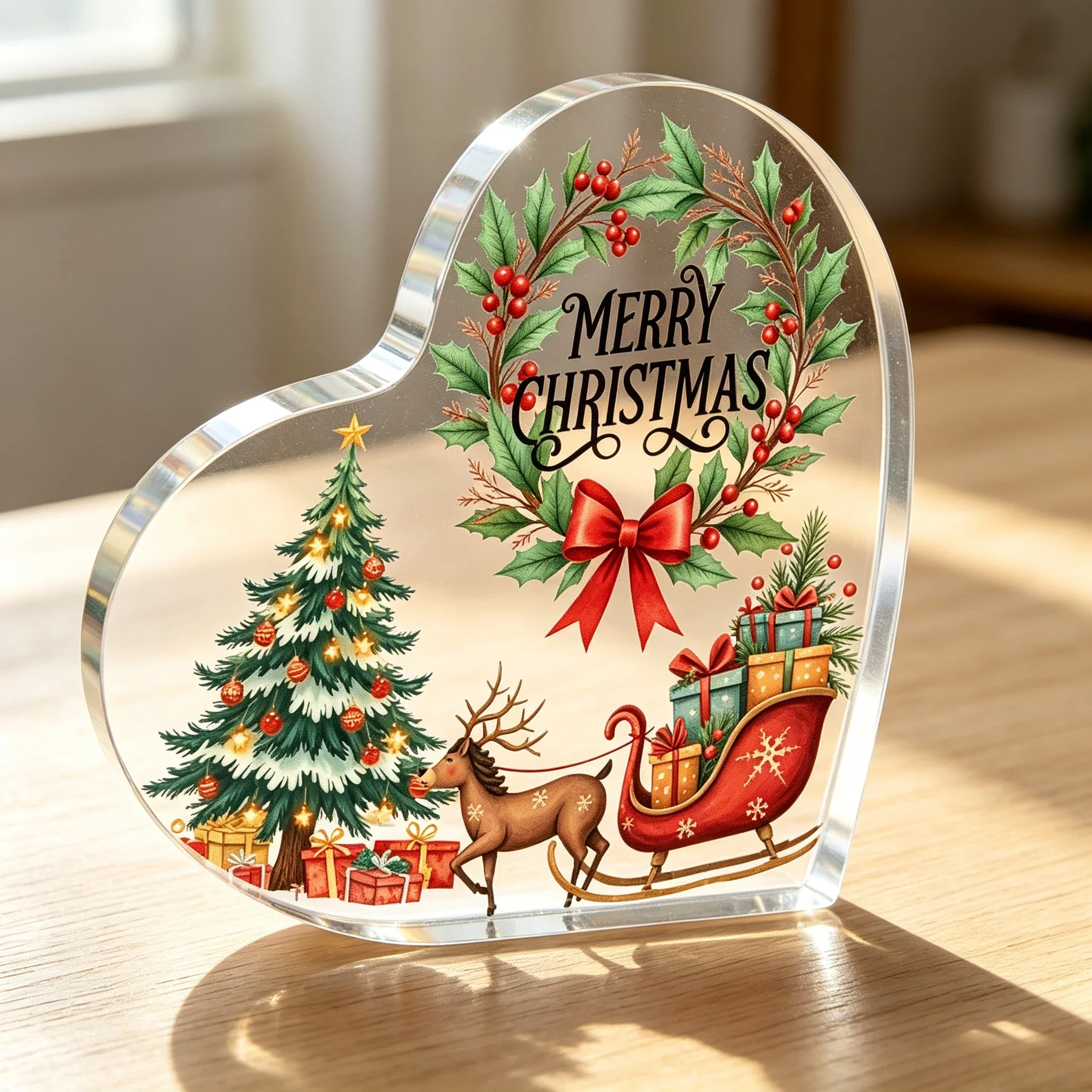 Merry Christmas Heart‑Shaped Acrylic Plaque, Wreath Reindeer Sleigh Christmas Tree Table Decor Traditional Xmas Scene Heart Acrylic Sign, Holly Berry Bow Desktop Ornament