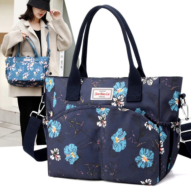 Women\'s Floral Pastoral Shoulder Bag Large Capacity Nylon HandBags Waterproof Casual Top-handle Ladies Travel Totebag Mother bag