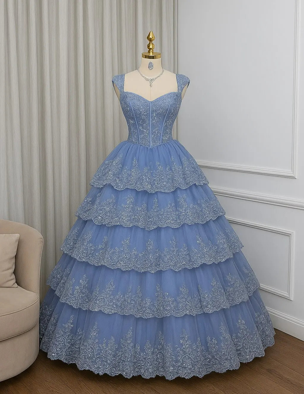 

Elegant Princess Trend Ball Gown Sweetheart Neck Layered Lace Detail Tulle Sequin Floor Length Evening Prom Formal Party Gown