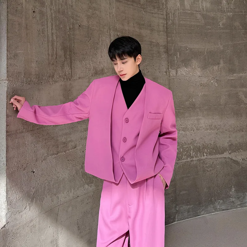

Spring Faionable Pink Purple Men's Suit Jaet Korean Version Patchwork Design Casual Long Sve Adult Outerwear Coat