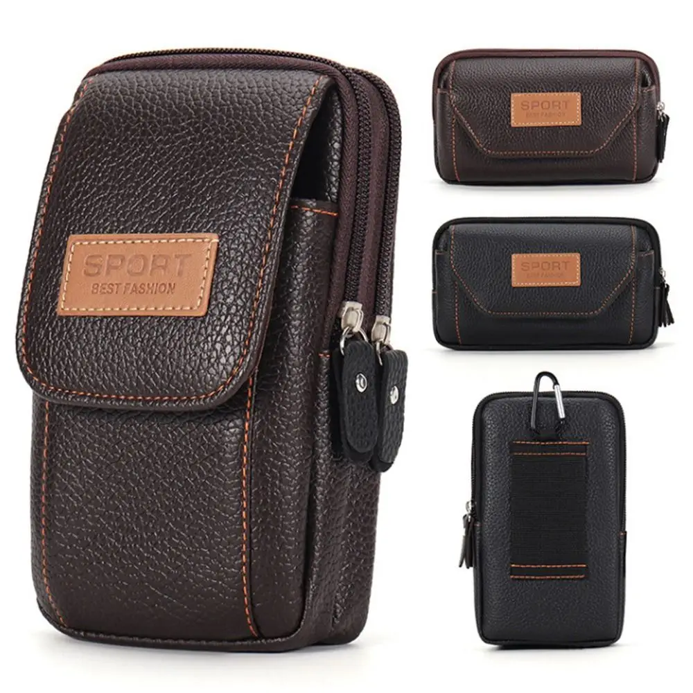 Durable PU Leather Man Belt Pouch Zipper Multiple Layers Phone Waist Bag Modern Universal Phone Case Men's