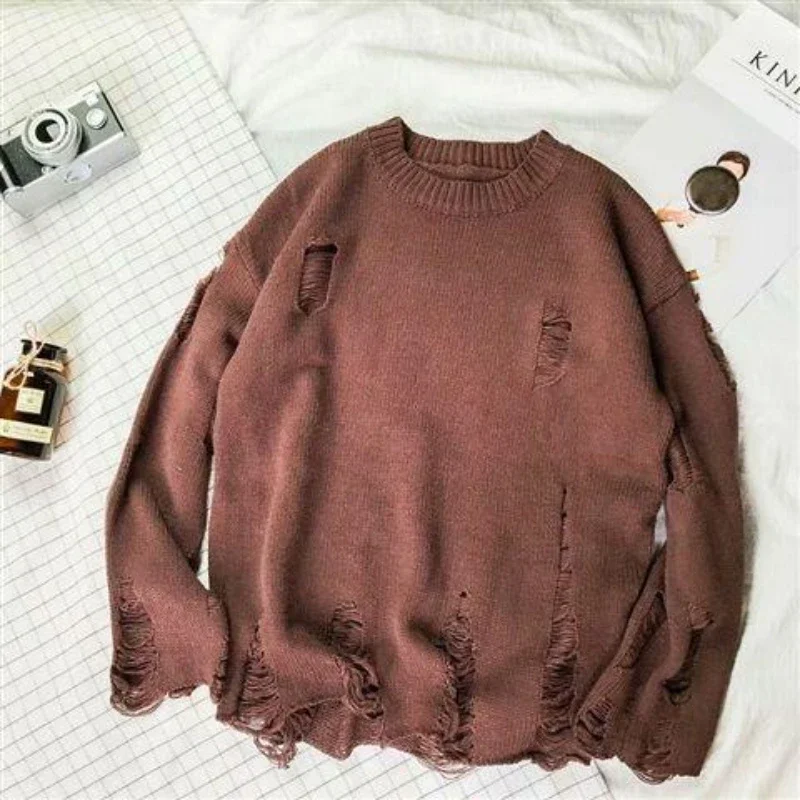 Gothic Grunge Solid Knitted Sweater Men and Women Long Pullovers Loose Hole Punk Sweaters Jumpers Mujer Jersey  Streetwear