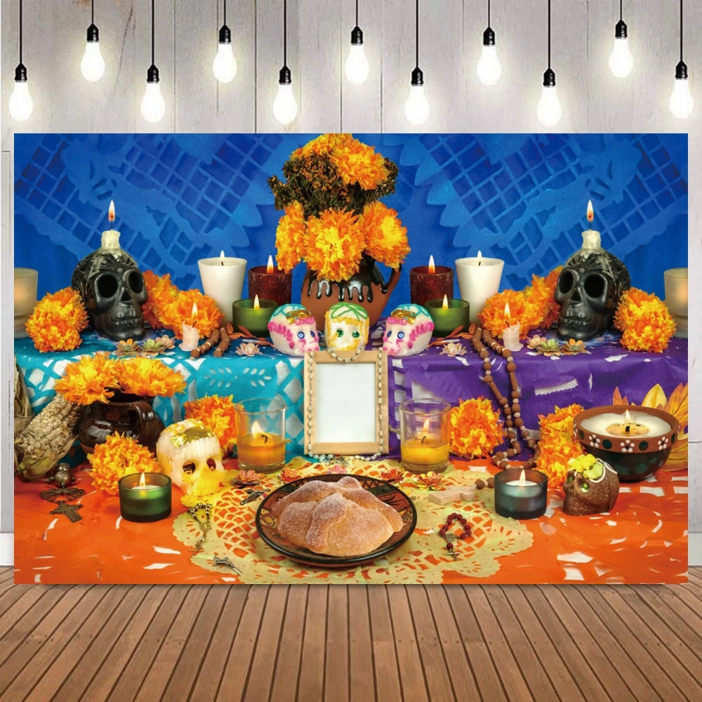 Day of The Dead Backdrop for Mexican Fiesta Sugar Skull Flowers Background Dia DE Los Muertos Party Decor Photobooth Studio Prop