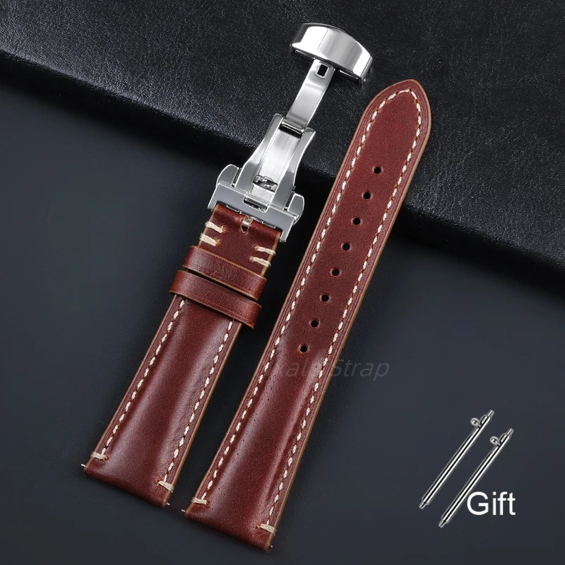 

Genuine Leather Watch Band 20mm 22mm 24mm Butterfly Buckle Cowhide Band Quick Release Wristband Handmade Stitching Watchband