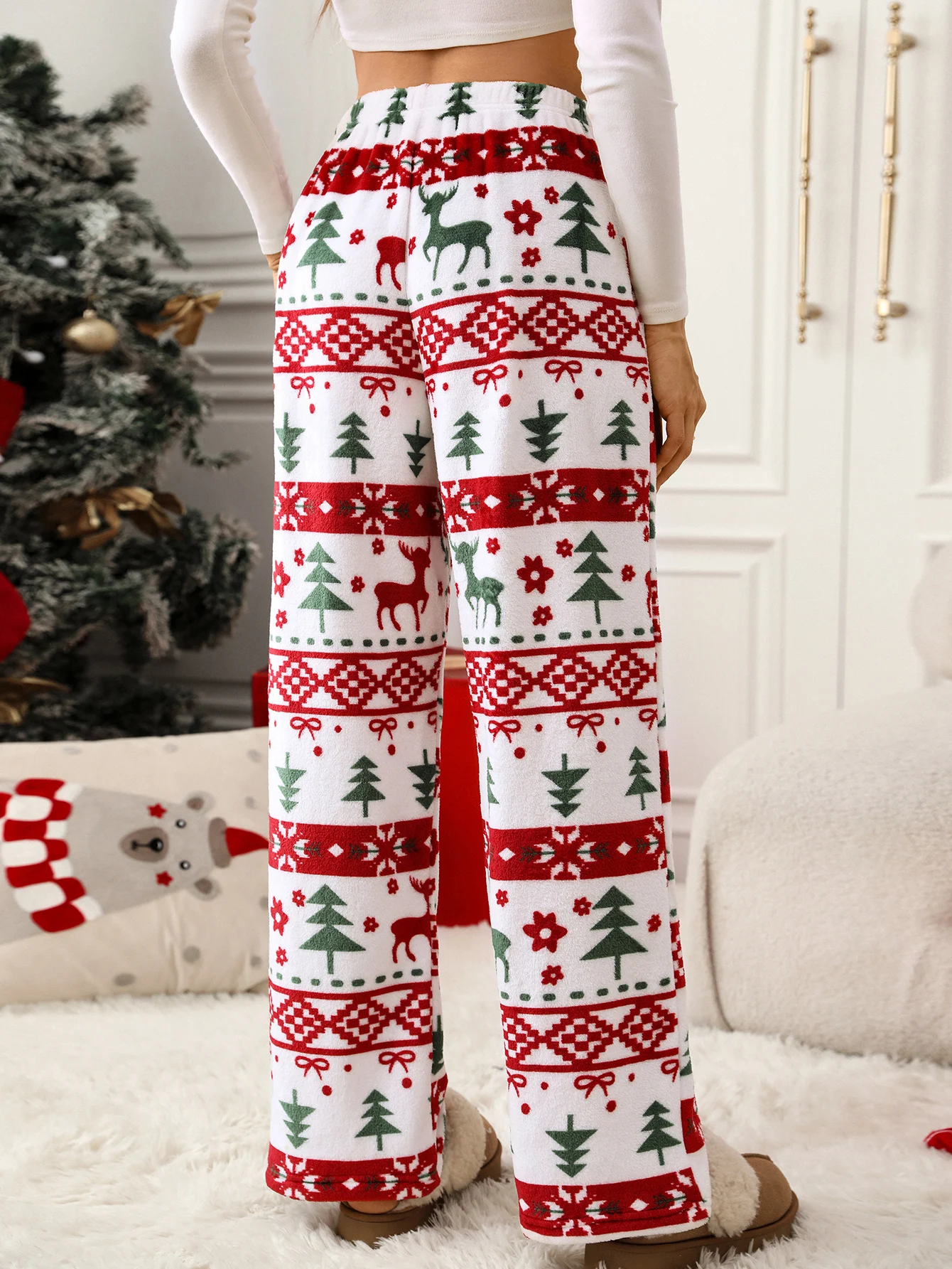 กางเกงขายาวผ้าพลัฌพิมพ์ลายกวางเรนเดียร์และต้นคริสต์มาสสำหรับผู้หญิง ดีไซน์หรูหรา สไตล์อบอุ่น