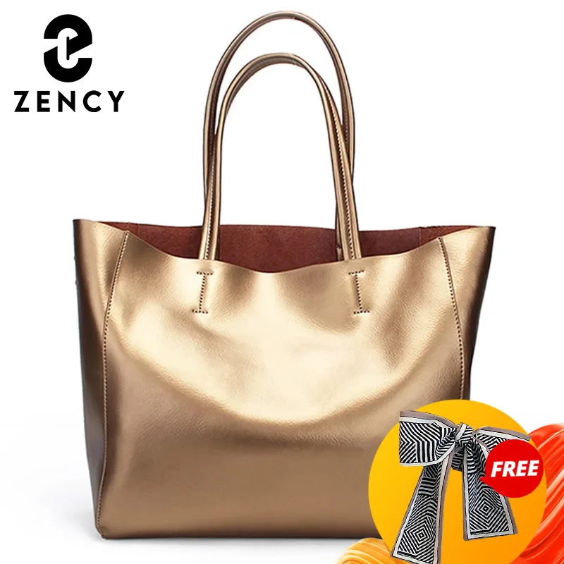 Zency Luxury Gold Women Shoulder Bag 100% Genuine Leather Large Capacity Handbag Elegant Ladies Messenger Crossbody Fashion