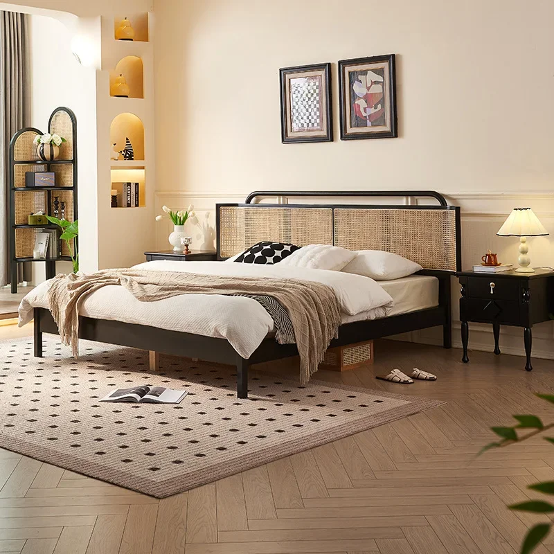 Rattan bedside characteristic solid wood bed modern simple single bed new Chinese style