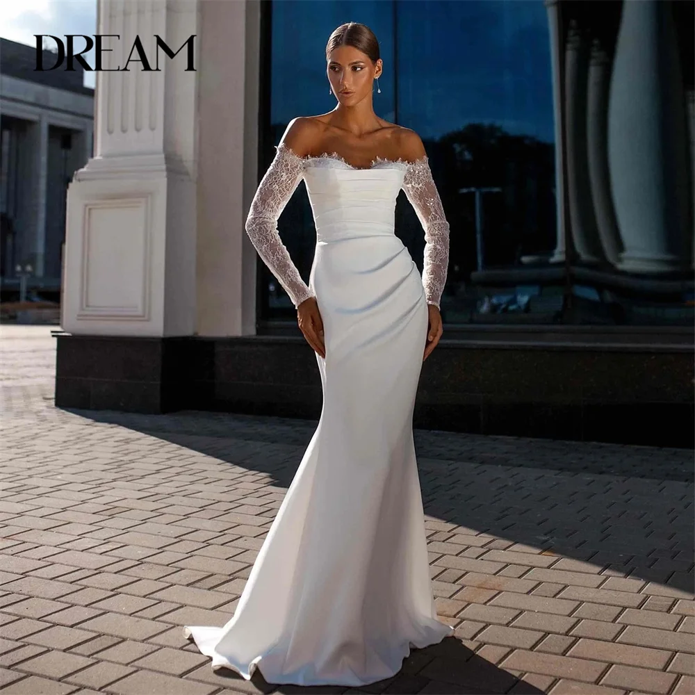 

DREAM Lace Long Sleeve Sweetheart Mermaid Wedding Dress Pleat Open Back Off The Shoulder Bridal Gown Vestido De Novia Customized