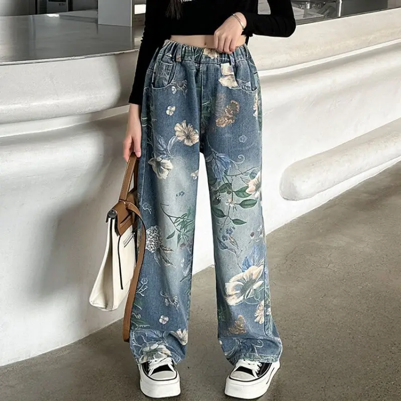 New Fashion Girls Jeans Children Denim Wide Leg Pants with Flower Pattern Korea Teenager Casual Trousers Girl Clothing Hot Sale