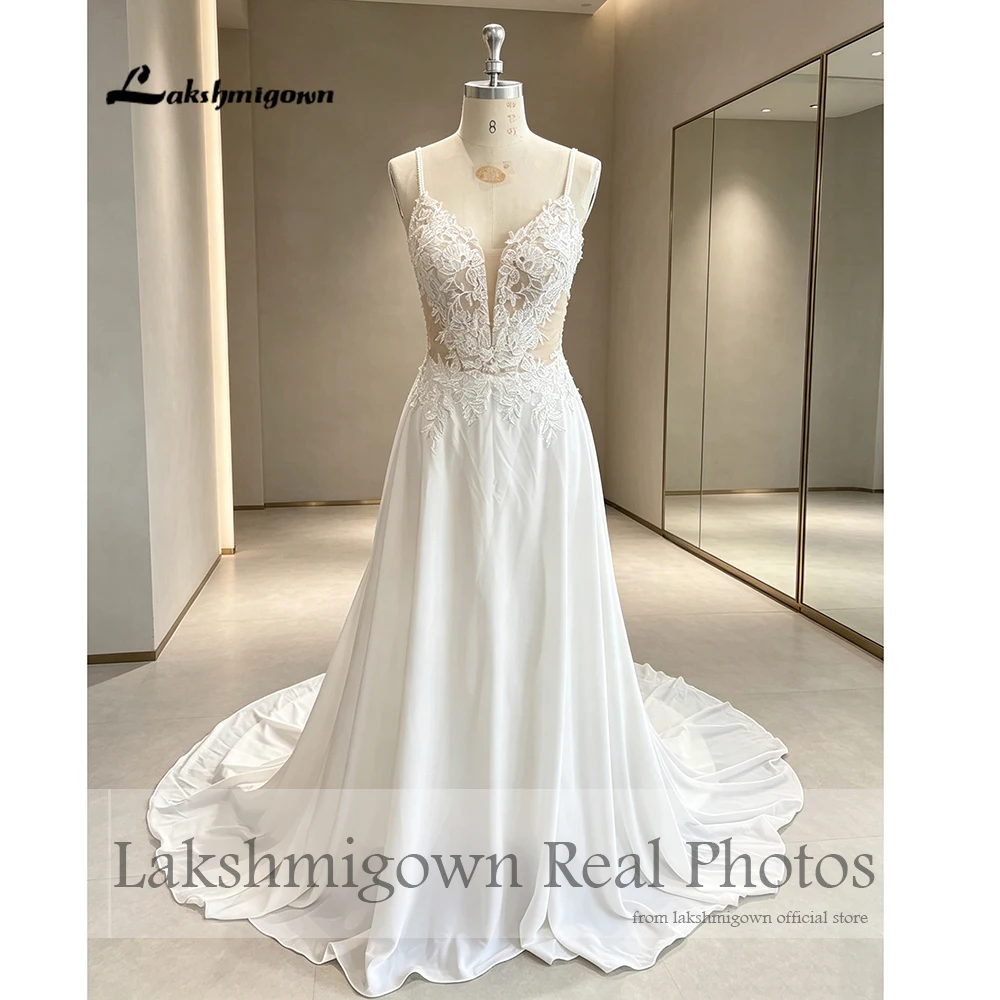 Lakshmigown Bohemian Spaghettiträger Hochzeitskleid Chiffon V-Ausschnitt A-Linie Brautkleid Spitzenapplikationen 2027 Echte Fotos Maßanfertigung – Detail 5
