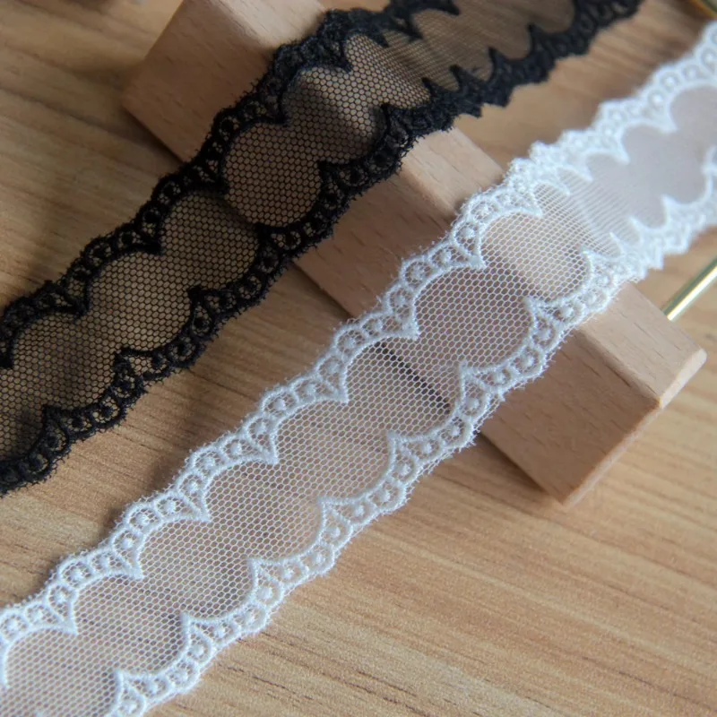 (1 yards/roll) White and black lace fabric 2024 high quality mesh embroidery bilateral wavy skirt trim clothes DIY accessories