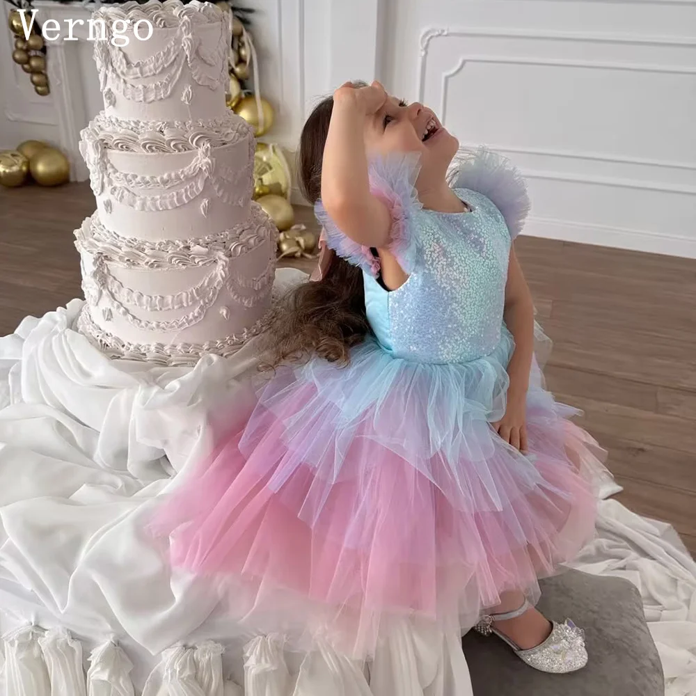 

Verngo Blue Pink Tulle Mini Girl Flowers Dress Sleeveless Pleated Birthday Party Dresses Princess Sequined Dress Customized