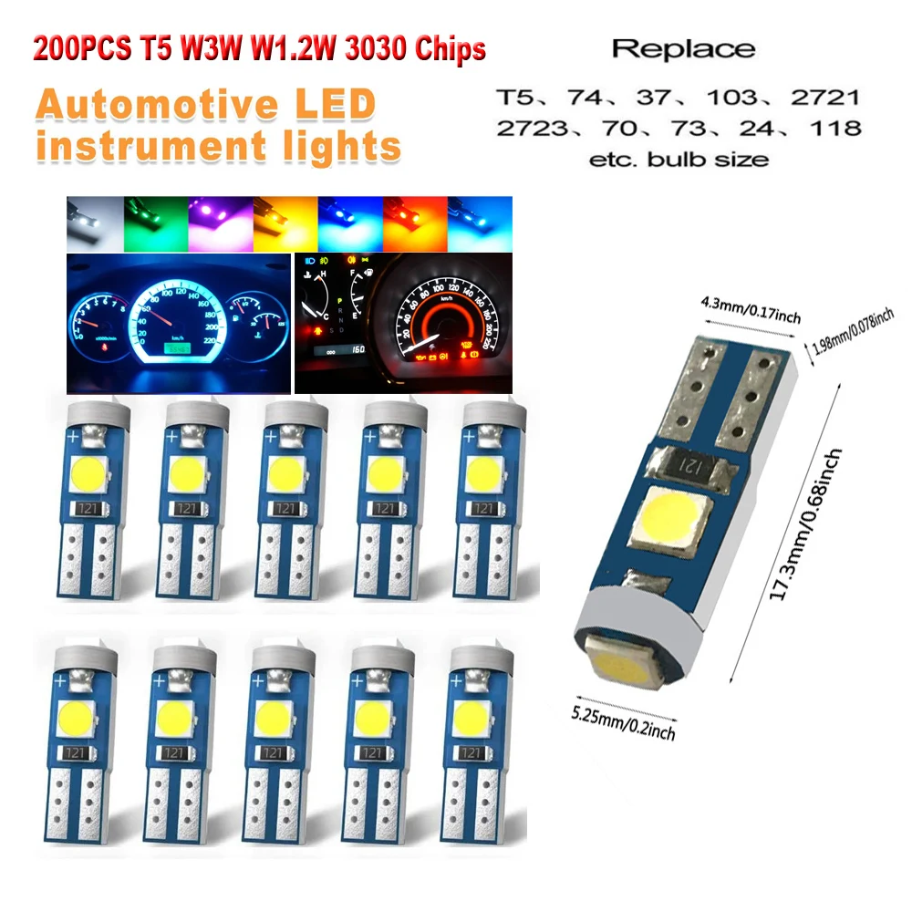 

200PCS Super Bright LED T5 W3W W1.2W 3SMD Car Motorcycle Dashboard Warming Indicator Light Wedge Instrument Lamp Signal Bulbs