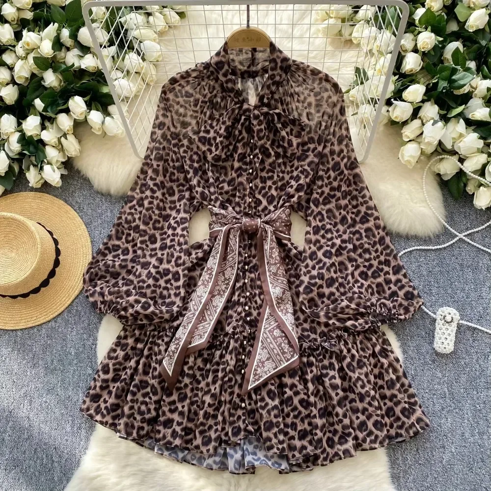 

Elegant Bandage Vintage Long Lantern Sleeve Chic Leopard Slim Mesh Short A-line Dress French Evening High Street Autumn Clothing