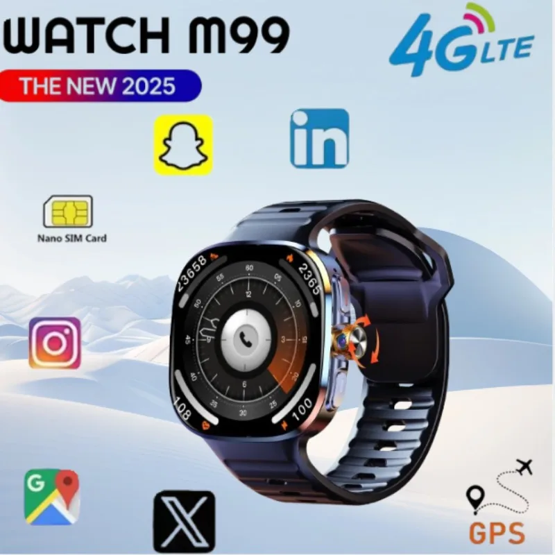 

Новые сотовые умные часы M99 52,4-дюймовый AMOLED большой экран с ОС Android Поворотная камера Слот для SIM-карты WiFi 24/7 Мониторинг здоровья