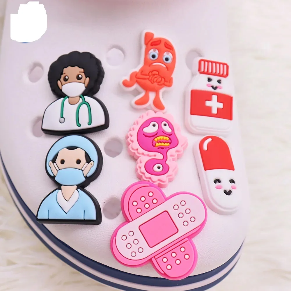 Mix 50pcs PVC Cartoon Virus Medicine Stomach Band-Aid Nurse Doctor Shoe Charms Fit Wristbands Garden Shoes Button Decorations