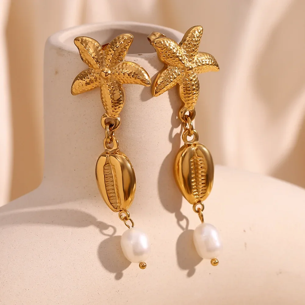 Vintage Explosive Earrings Starfish Conch Splicing Pendant Fringe Stud Earrings Women Girl Gift