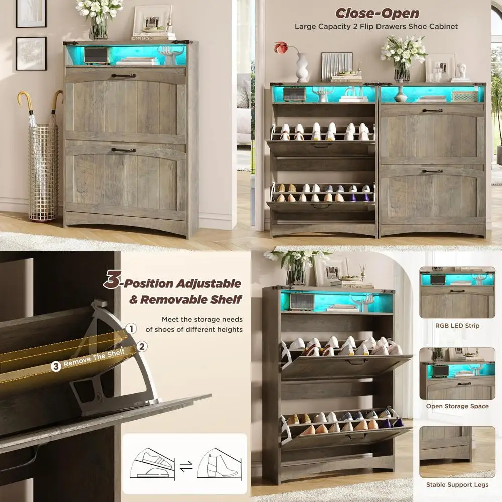 

Narrow Slim Shoe Rack Organizer Cabinet with 2 Flip Drawers, Open Storage, RGB Lights, Shoe Storage Solutions for Small Spaces