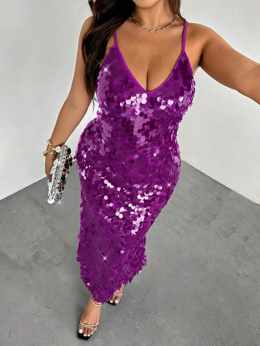 

Purple Sequined Spaghetti Strap Deep V-Neck Maxi Dress Mermaid Hem Evening Gown