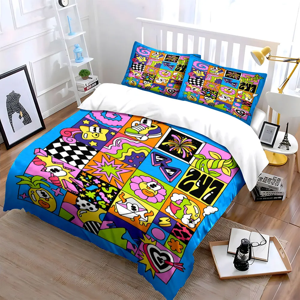 Colorful Fun Collage Printed Duvet Cover Set 1 Duvet Cover+2 Pillowcase Multi Size Bedroom Bedding Decor Machine Washable