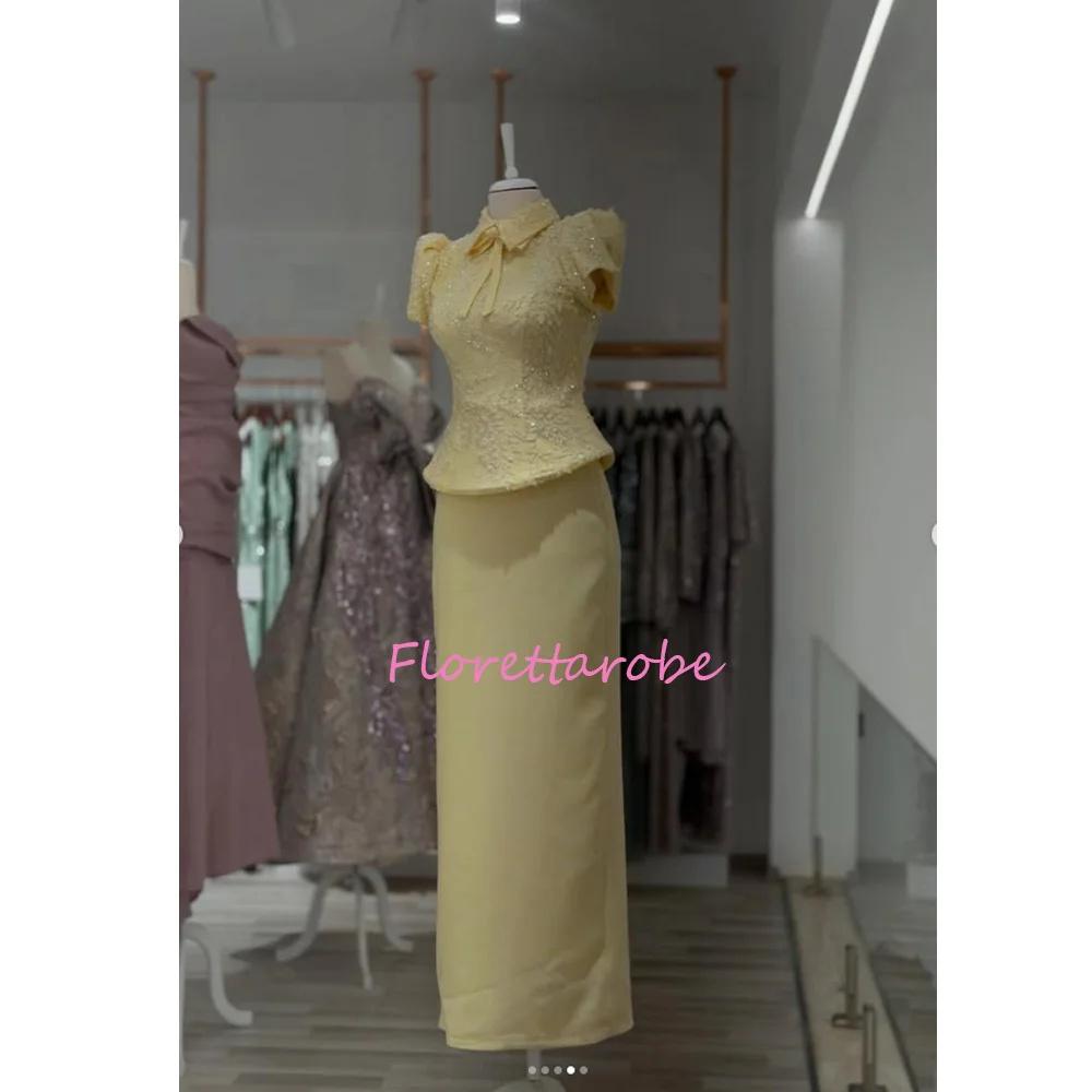 Women's Straight Evening Dress Ankle-length High-neck Short  Sleeve Prom Dresses Fashion Sequined Bow Lace-up Customized Gowns